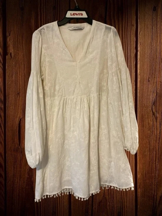 Zara Cream Embroidered Long Sleeve Babydoll Dress Womens Small Cottagecore Fairy - Picture 11 of 13
